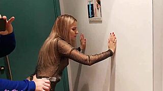 Horny babe letty black gets caught giving blowjob and doggystyle fucking in public changing room with cum swallow.