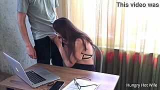 Boss moans during quickie pussy licking and creampie at work