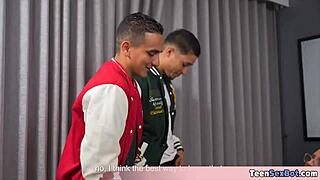 Cute geek teen 18+ gets rough fucked by two latin alphas in school's corridor?