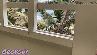 ebony wife flashes pussy at beach house and bends over for doggystyle