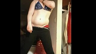 Oiled bbw milf model teases in solo striptease with wet fat body undressing as slutty whore on webcam