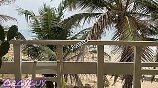 ebony wife flashes pussy at beach house and bends over for doggystyle