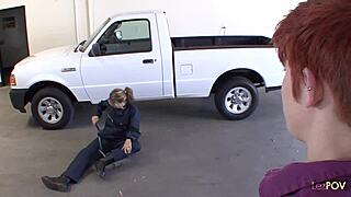 Blonde Handywoman Fixes Redhead with Lesbian Pussy Licking in Car