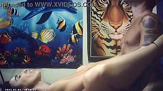 behind the scenes with big tits brunette in glasses feeling italian pound machine on shaved pussy