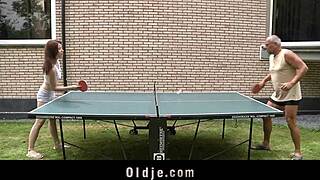 Pervert old dude pumps silly cute redhead in backyard garden with young 18+ teen old and young action