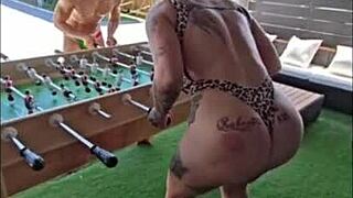 fucking blonde neighbor in pool contrasts with foosball play and blowjob