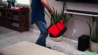 blonde gamer girl with huge fake tits licks and fucks repairman