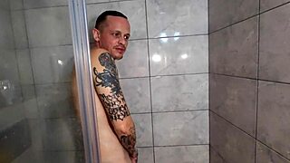 I saw him jerking off in the shower and couldn't resist joining for wet blowjob and cum on tits!