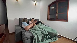 Amateur curvy Latina princess flashing lingerie while husband watches interracial first time fun