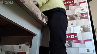 the stepsister in tight jeans masturbates solo at desk to multiple moaning orgasms