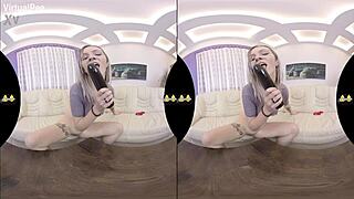 Blonde Czech teen enjoys VR piss play and dildo fucking on sofa