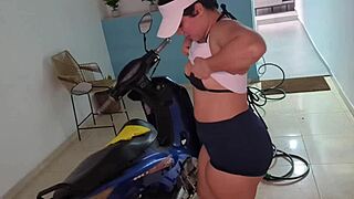 Will huge-ass stepsister help wash bike and lead to wild fuck? Shorts tempt fate in this steamy encounter.