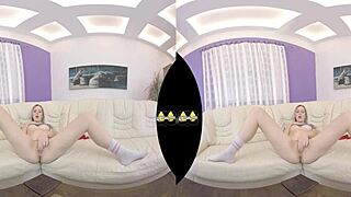 Blonde Czech teen enjoys VR piss play and dildo fucking on sofa