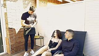 Young Mary Rock enjoys intriguing threesome with boyfriend and waiter for first-time fun.