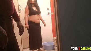 Stepmom washes clothes in bathroom on day 05. Stepson shakes penis after looking at her ass.