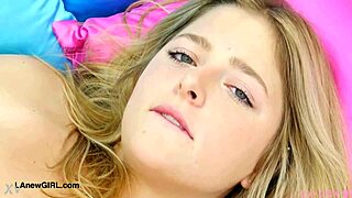 Young radiant petite blonde teen shows her sexy body during photoshoot on sofa in POV solo casting interview