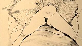 Vintage erotic drawings with retro pussy hairy beaver antique style