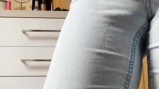 I striptease dance in tight jeans as homemade petite 18+ blonde with big ass and tight pussy.