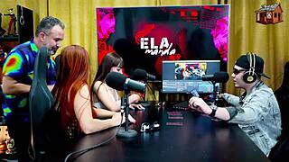 Binho Ted licks the pink pussy of the young girl on the podcast table while Ruan watches silently