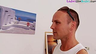 Femdoms dominate submissive bf with dildo fucking in intense ffm threeway