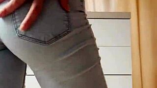 I striptease dance in tight jeans as homemade petite 18+ blonde with big ass and tight pussy.