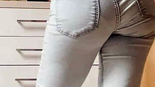 I striptease dance in tight jeans as homemade petite 18+ blonde with big ass and tight pussy.