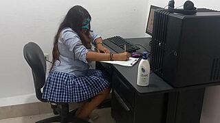 Sexy 18 years old student with big natural tits studies computer classes scantily clad