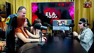 Binho Ted licks the pink pussy of the young girl on the podcast table while Ruan watches silently