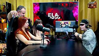 Binho Ted licks the pink pussy of the young girl on the podcast table while Ruan watches silently