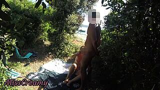 French girl sucking stranger's big cock on nude beach in Greece with cumshot. Voyeur watches small tits milf in public outdoor nudist action - Misscreamy.