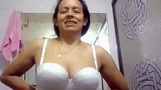 Fingerfucking orgasm in shower with natural tits and big pussy close up