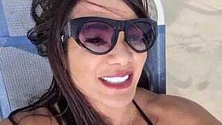 Sexy brunette gets monster cock massage on beach then bent over for deep anal fucking with athletic tinder guy.