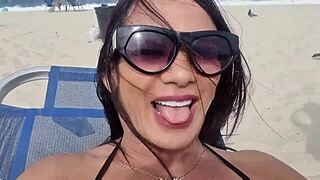 Sexy brunette gets monster cock massage on beach then bent over for deep anal fucking with athletic tinder guy.