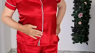 Stepmom strips for stepson gives blowjob and takes cumshot on huge natural tits