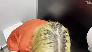 Blonde slut in leggings has risky rough sex with stranger in public toilet for cash