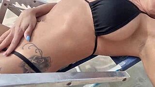 Sexy brunette gets monster cock massage on beach then bent over for deep anal fucking with athletic tinder guy.