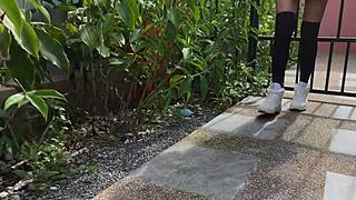 Hottie In Stockings Tied By Rope Outdoors For Tickling With Pretty Teen 18+ Moaning And Fetish Play