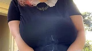 Alt milf nextdoor smokes outback! Fat bbw with big natural tits and curvy ass in thong panties chubby and kinky outdoor fetish action!