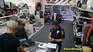 Slut caught stealing on hidden cam sucks and fucks shop owner behind the scenes at desk.