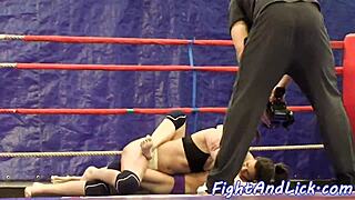 Facesitting euro dyke dominates in close up lesbian wrestling with face sitting.