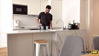 Hunter resolves conflict with friend by paying for sex with his tanned gf on desk including shaved pussy licking.