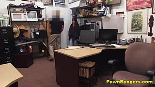 Slut caught stealing on hidden cam sucks and fucks shop owner behind the scenes at desk.