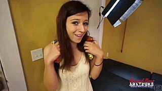 Petite brunette coed Katie Walls starts with sucking big cock deepthroat handjob. Then she gets bent over for doggystyle fucking and cum in mouth.