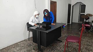 the doctor has sex with his secretary in the customer service office she rides him very sensually on the desk at work