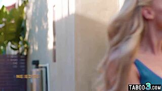 Stepson fucks busty neighbor and milf stepmom Pristine Edge in taboo blonde blowjob threesome with big tits deepthroat