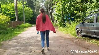 Skinny teen Evelina Darling acts cocky by flashing small tits in public and sucking dick in risky outdoor spots