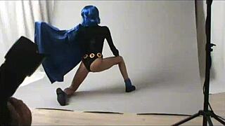 Check out this amateur Raven cosplay girl flashing her costume outdoors in public