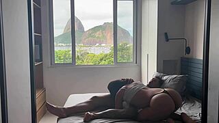 Passionate fuck in front of Pão de Açúcar with ebony babe in fishnets and lingerie