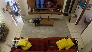 hot wife thay ksada gets recognized by delivery man and lets him suck her big natural tits on sofa in public tease