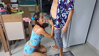 Redhead Teen 18+ Catches Stepdad Masturbating and Gives Handjob with Cum on Ass